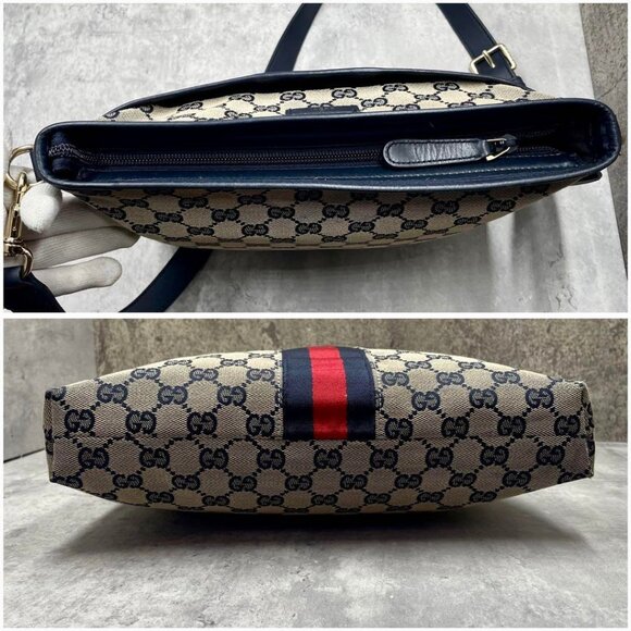 Authentic Gucci GG Supreme Ophidia Sherry Line Crossbody Bag Web Canvas Navy Tan - Picture 9 of 16